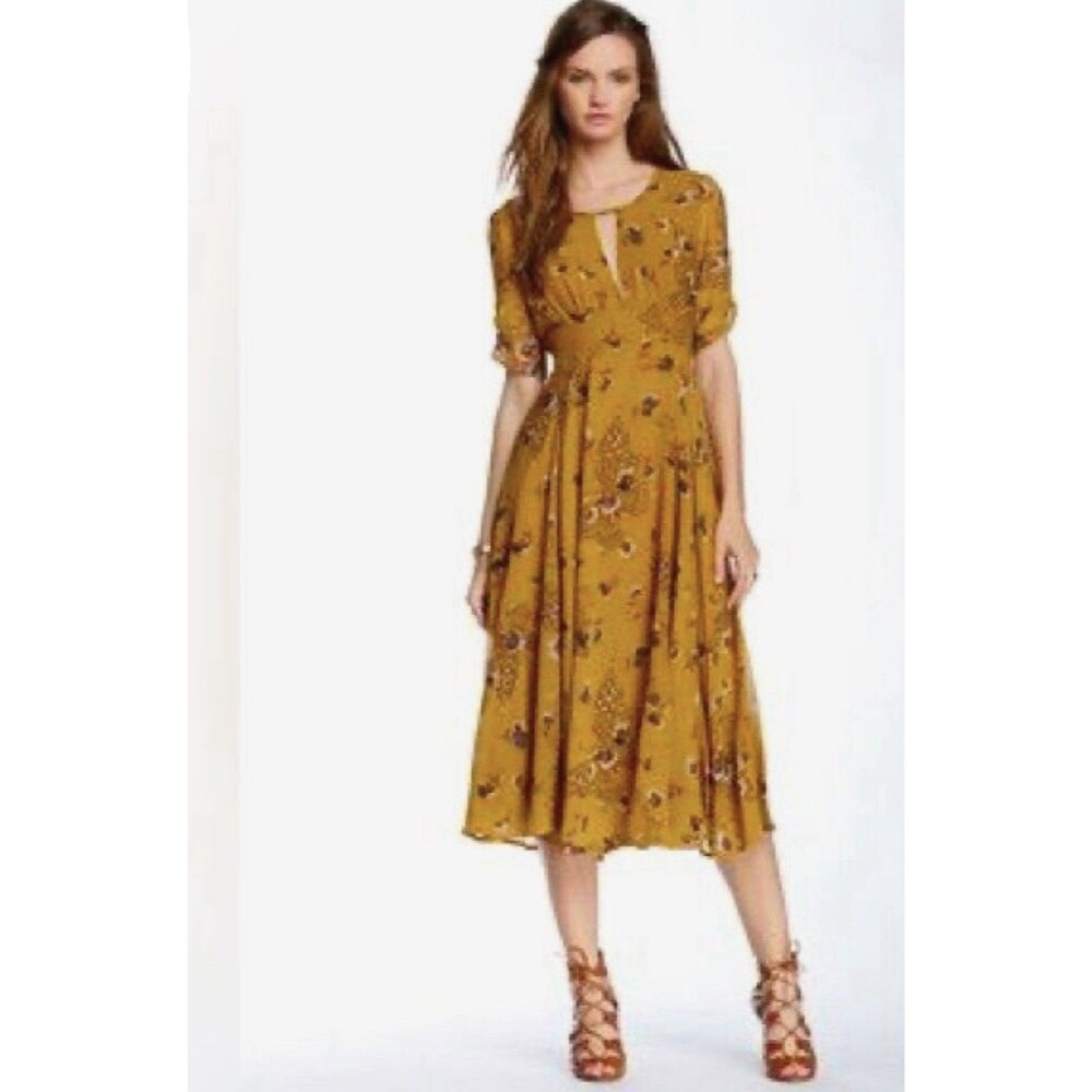 Free People Butterfly Babe Midi Dress Mustard Yellow Brown Floral S 2 Bohemian